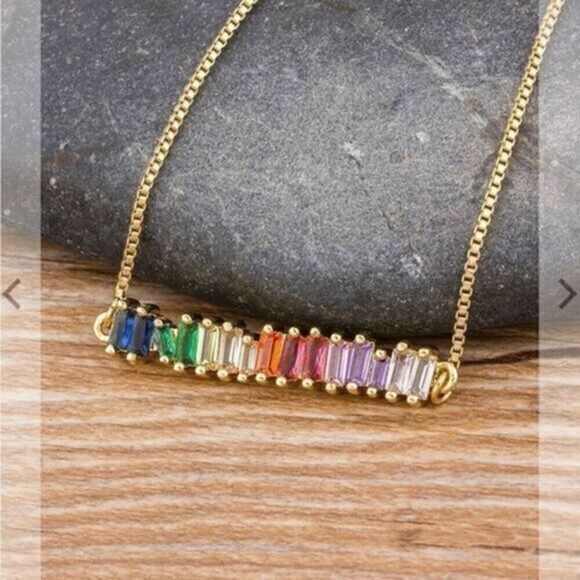 NWT - Colorful Cubic Zirconia Baguette Bar Silver Plated Necklace - 18” - Picture 1 of 7